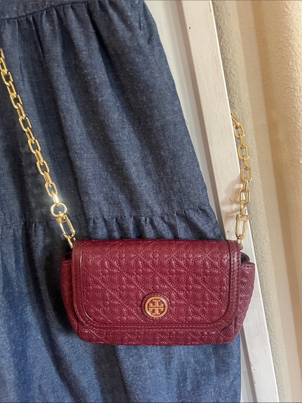 Tory Burch Burgundy Quilted Leather Chain Crossbody